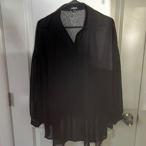 Express sheer black oversized high low button down top. Size M.